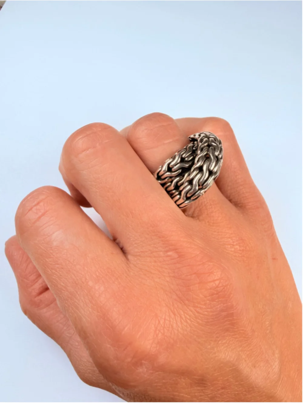 John Hardy Tiga Classic Chain Overlap Wrap 925 Sterling Silver Chunky Band Ring